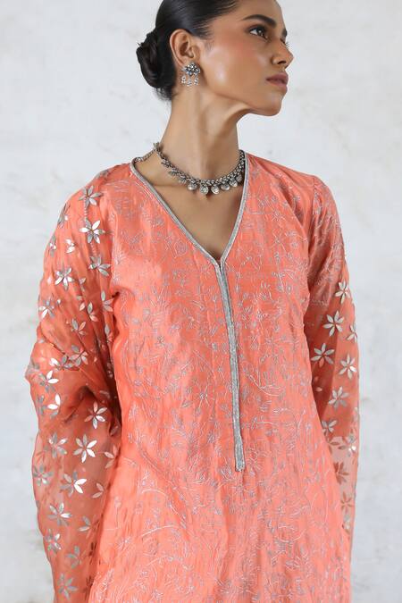 Saksham & Neharicka_Peach Chanderi Cotton, Silk Organza Embroidery, Gota Patti Hand Kurta Set _at_Aza_Fashions