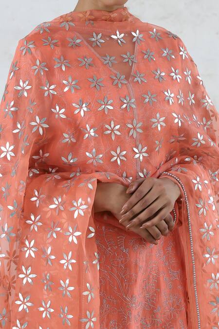 Buy_Saksham & Neharicka_Peach Chanderi Cotton, Silk Organza Embroidery, Gota Patti Hand Kurta Set 