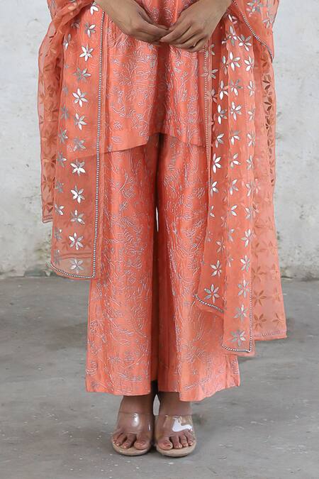 Shop_Saksham & Neharicka_Peach Chanderi Cotton, Silk Organza Embroidery, Gota Patti Hand Kurta Set 