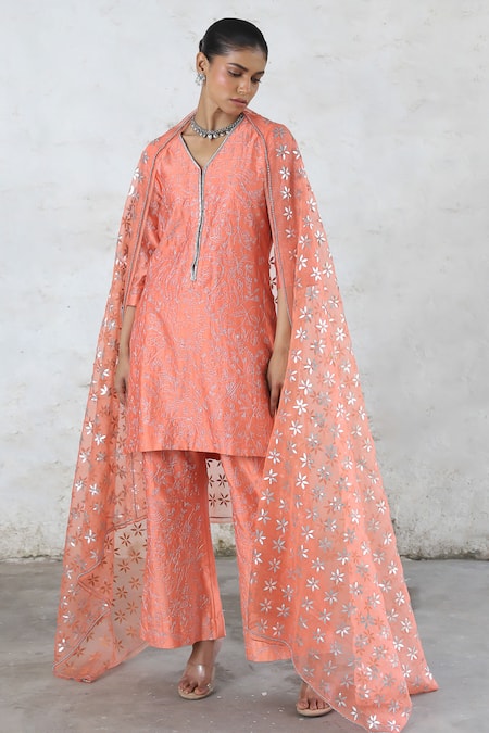 Saksham & Neharicka_Peach Chanderi Cotton, Silk Organza Embroidery, Gota Patti Hand Kurta Set _Online_at_Aza_Fashions