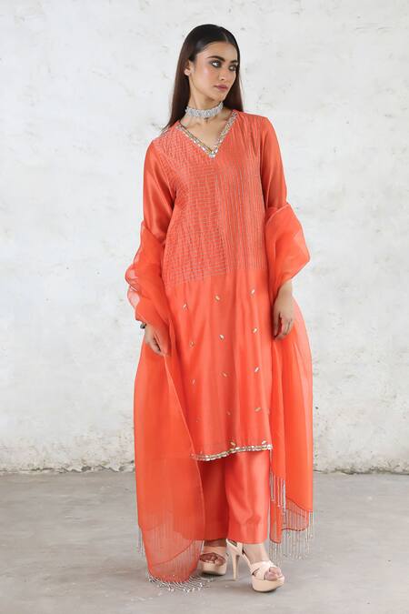 Shop_Saksham & Neharicka_Orange Silk Organza Embroidery, Tassels Split Handcrafted A-line Kurta Set _Online_at_Aza_Fashions