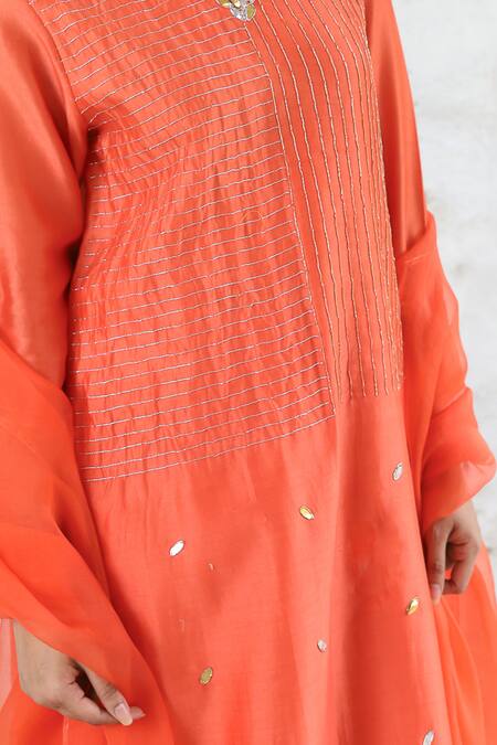 Saksham & Neharicka_Orange Silk Organza Embroidery, Tassels Split Handcrafted A-line Kurta Set _at_Aza_Fashions