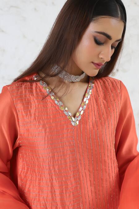 Buy_Saksham & Neharicka_Orange Silk Organza Embroidery, Tassels Split Handcrafted A-line Kurta Set 