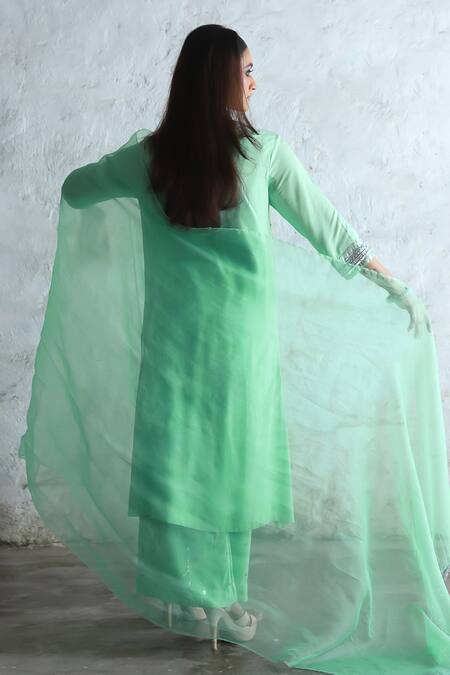 Buy_Saksham & Neharicka_Mint Embroidery V-neck Green Hand Kurta Set _Online_at_Aza_Fashions