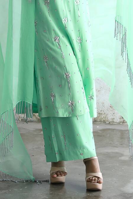 Shop_Saksham & Neharicka_Mint Embroidery V-neck Green Hand Kurta Set _Online_at_Aza_Fashions