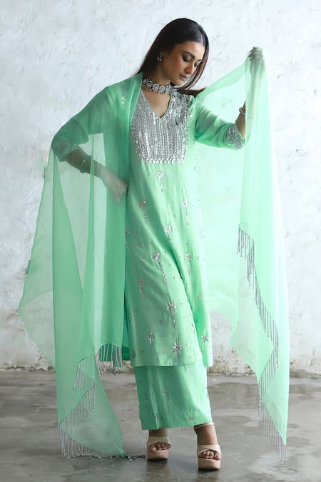 Saksham & Neharicka_Mint Embroidery V-neck Green Hand Kurta Set _Online_at_Aza_Fashions