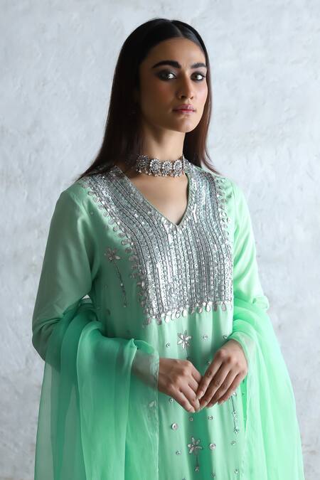 Saksham & Neharicka_Mint Embroidery V-neck Green Hand Kurta Set _at_Aza_Fashions