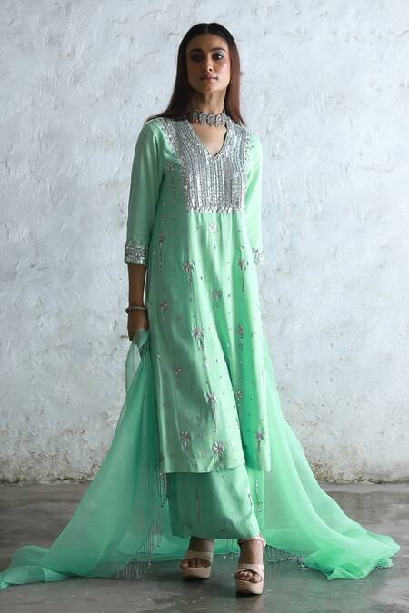Buy_Saksham & Neharicka_Mint Embroidery V-neck Green Hand Kurta Set 