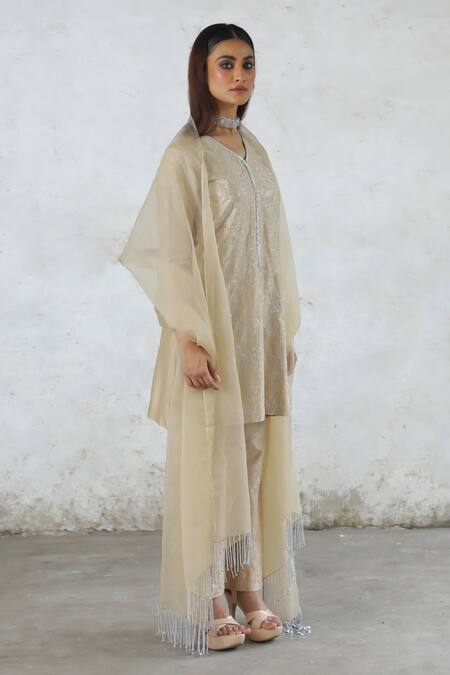 Buy_Saksham & Neharicka_Beige Cotton, , Organza Embroidery, Tassels Collared Floral Kurta Set _Online_at_Aza_Fashions