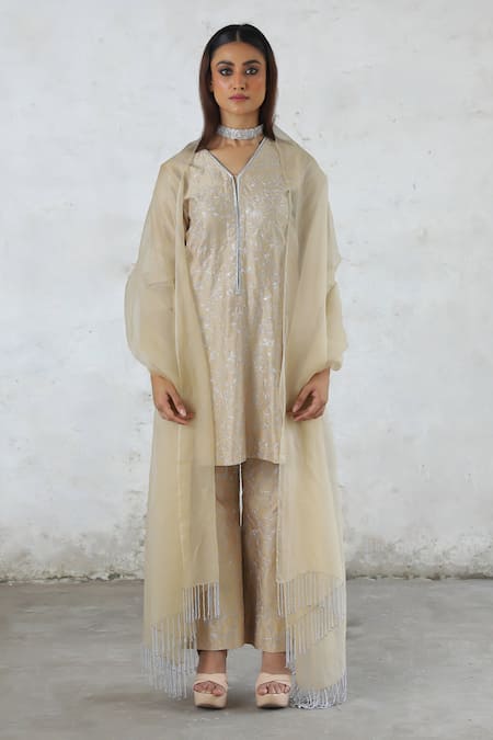 Shop_Saksham & Neharicka_Beige Cotton, , Organza Embroidery, Tassels Collared Floral Kurta Set _Online_at_Aza_Fashions