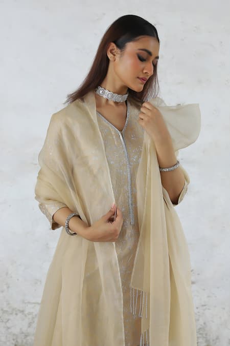 Saksham & Neharicka_Beige Cotton, , Organza Embroidery, Tassels Collared Floral Kurta Set _at_Aza_Fashions