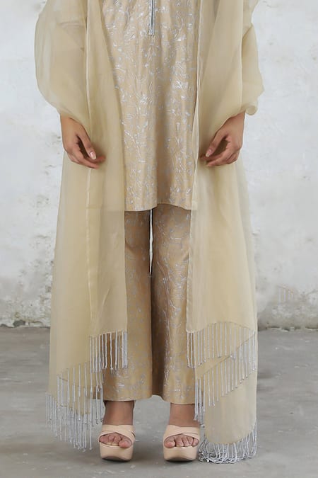 Buy_Saksham & Neharicka_Beige Cotton, , Organza Embroidery, Tassels Collared Floral Kurta Set 