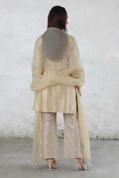 Saksham & Neharicka_Beige Cotton, , Organza Embroidery, Tassels Collared Floral Kurta Set _Online_at_Aza_Fashions