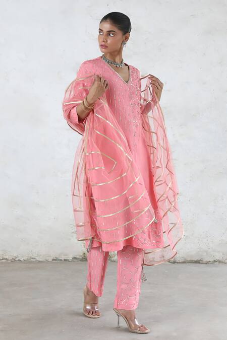 Shop_Saksham & Neharicka_Pink Cotton, Net Embroidery, Zari V-neck Golapi Kurta Set _Online_at_Aza_Fashions
