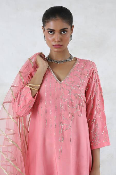 Saksham & Neharicka_Pink Cotton, Net Embroidery, Zari V-neck Golapi Kurta Set _at_Aza_Fashions