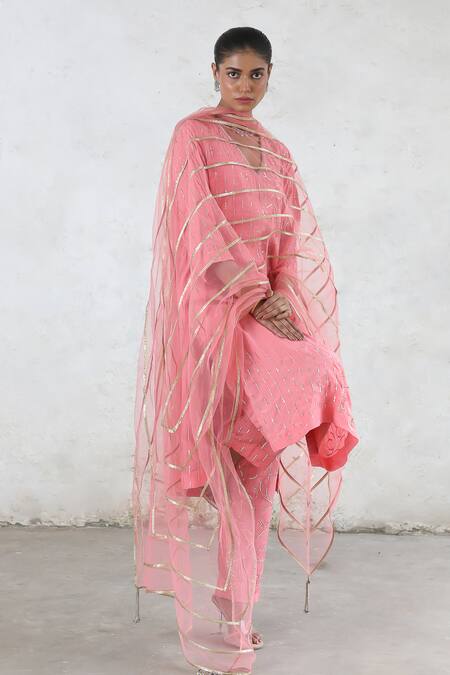 Buy_Saksham & Neharicka_Pink Cotton, Net Embroidery, Zari V-neck Golapi Kurta Set 