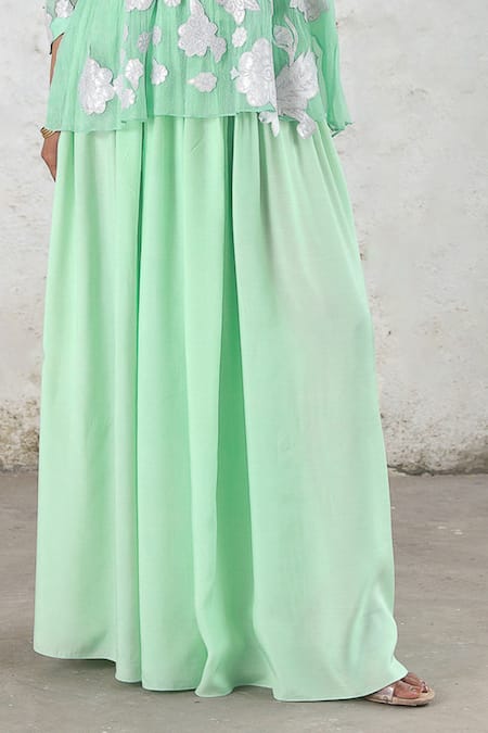 Buy_Saksham & Neharicka_Mint Chiffon, Satin Gota Patti V-neck Applique Sharara Set _Online_at_Aza_Fashions