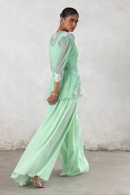 Shop_Saksham & Neharicka_Mint Chiffon, Satin Gota Patti V-neck Applique Sharara Set _Online_at_Aza_Fashions