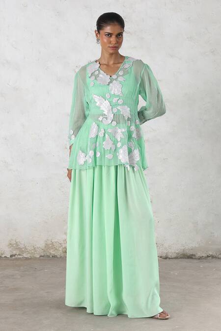 Saksham & Neharicka_Mint Chiffon, Satin Gota Patti V-neck Applique Sharara Set _at_Aza_Fashions