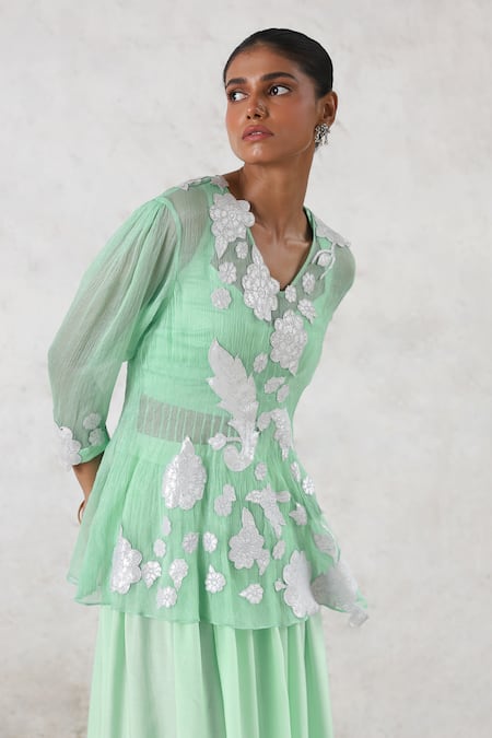 Buy_Saksham & Neharicka_Mint Chiffon, Satin Gota Patti V-neck Applique Sharara Set 