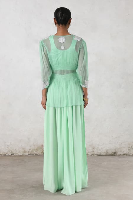 Saksham & Neharicka_Mint Chiffon, Satin Gota Patti V-neck Applique Sharara Set _Online_at_Aza_Fashions