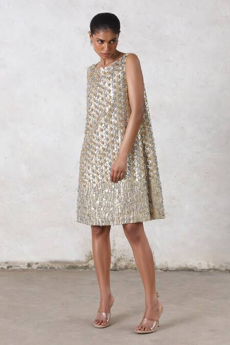Buy_Saksham & Neharicka_Beige Cotton Sequins Round Neck Metallic Embroidered Shift Dress _Online_at_Aza_Fashions