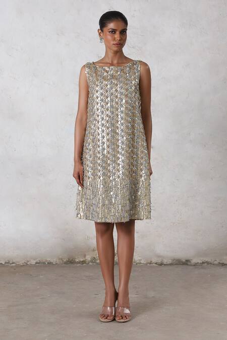 Shop_Saksham & Neharicka_Beige Cotton Sequins Round Neck Metallic Embroidered Shift Dress _Online_at_Aza_Fashions