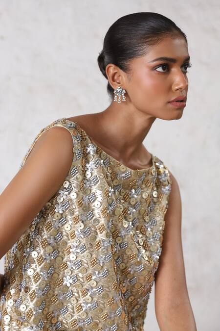 Saksham & Neharicka_Beige Cotton Sequins Round Neck Metallic Embroidered Shift Dress _at_Aza_Fashions