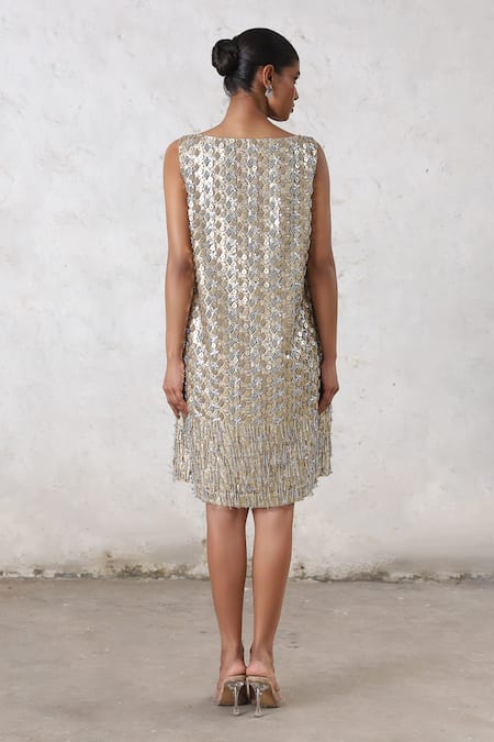 Saksham & Neharicka_Beige Cotton Sequins Round Neck Metallic Embroidered Shift Dress _Online_at_Aza_Fashions