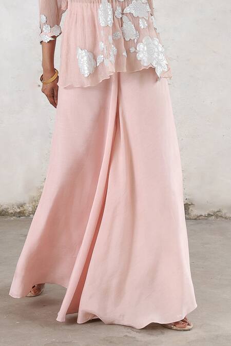 Shop_Saksham & Neharicka_Pink Chiffon, Satin Gota Patti, Embroidery Veiled Rose Applique Sharara Set _Online_at_Aza_Fashions