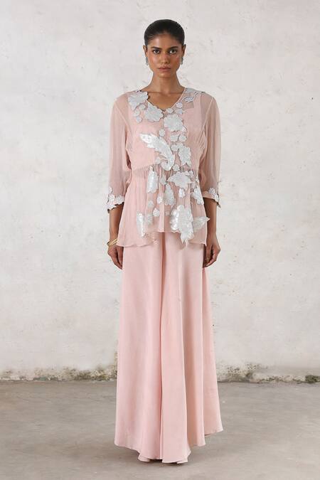 Saksham & Neharicka_Pink Chiffon, Satin Gota Patti, Embroidery Veiled Rose Applique Sharara Set _at_Aza_Fashions