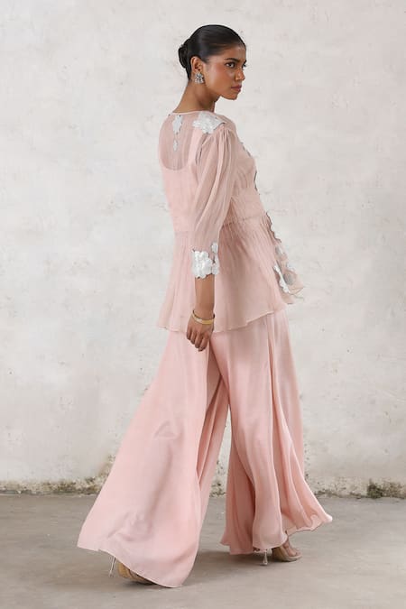 Saksham & Neharicka_Pink Chiffon, Satin Gota Patti, Embroidery Veiled Rose Applique Sharara Set _Online_at_Aza_Fashions