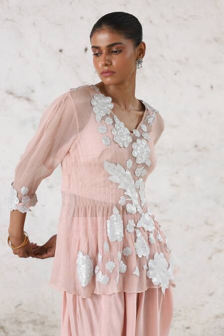 Buy_Saksham & Neharicka_Pink Chiffon, Satin Gota Patti, Embroidery Veiled Rose Applique Sharara Set 