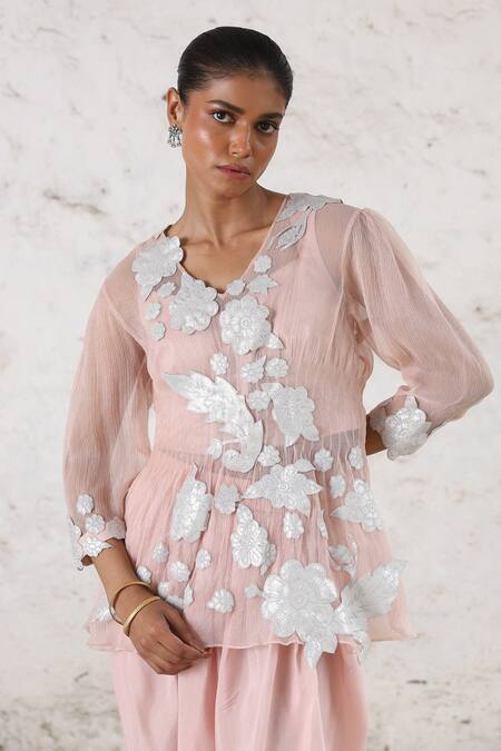 Buy_Saksham & Neharicka_Pink Chiffon, Cotton, Satin Gota Patti, Veiled Rose Applique Dhoti Set _Online_at_Aza_Fashions