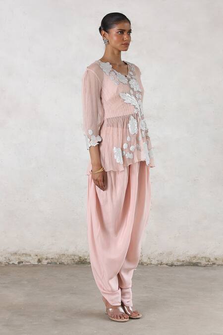 Shop_Saksham & Neharicka_Pink Chiffon, Cotton, Satin Gota Patti, Veiled Rose Applique Dhoti Set _Online_at_Aza_Fashions