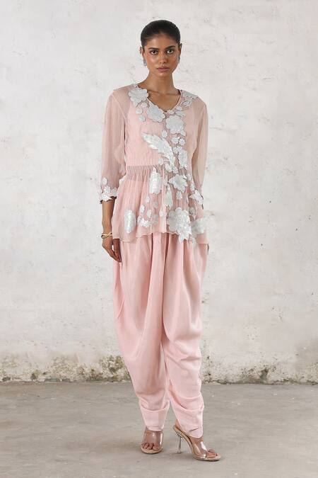 Saksham & Neharicka_Pink Chiffon, Cotton, Satin Gota Patti, Veiled Rose Applique Dhoti Set _at_Aza_Fashions