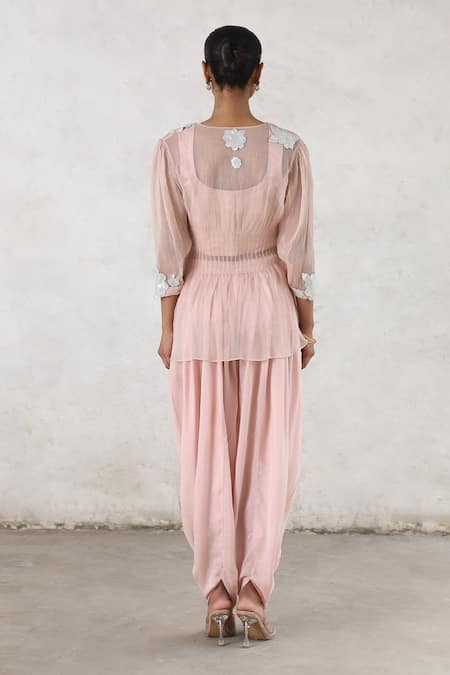 Saksham & Neharicka_Pink Chiffon, Cotton, Satin Gota Patti, Veiled Rose Applique Dhoti Set _Online_at_Aza_Fashions