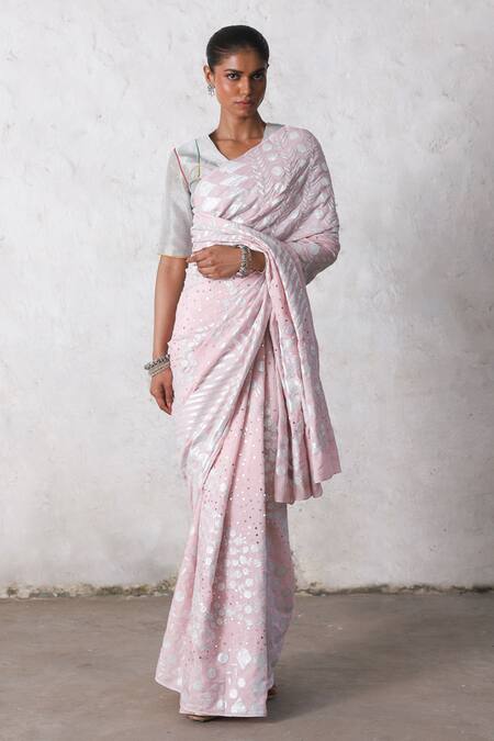 Buy_Saksham & Neharicka_Pink Silk, Cotton Gota Patti, Embroidery Cherry Blossom Applique Saree Set _Online_at_Aza_Fashions