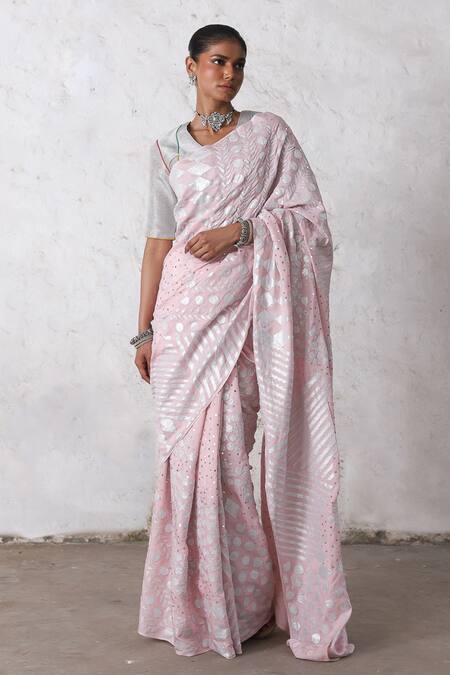 Shop_Saksham & Neharicka_Pink Silk, Cotton Gota Patti, Embroidery Cherry Blossom Applique Saree Set _Online_at_Aza_Fashions