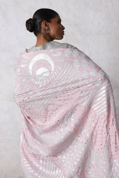 Saksham & Neharicka_Pink Silk, Cotton Gota Patti, Embroidery Cherry Blossom Applique Saree Set _at_Aza_Fashions