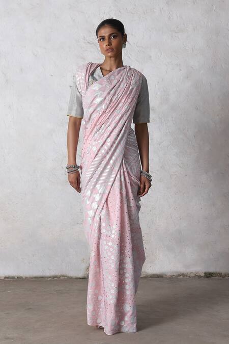 Buy_Saksham & Neharicka_Pink Silk, Cotton Gota Patti, Embroidery Cherry Blossom Applique Saree Set 