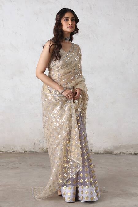 Shop_Saksham & Neharicka_Beige Organza, Gota Patti, Embroidery Round Half-and-half Saree Set _Online_at_Aza_Fashions