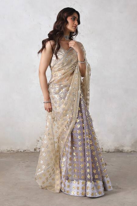 Saksham & Neharicka_Beige Organza, Gota Patti, Embroidery Round Half-and-half Saree Set _at_Aza_Fashions