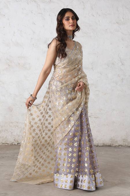 Buy_Saksham & Neharicka_Beige Organza, Gota Patti, Embroidery Round Half-and-half Saree Set 