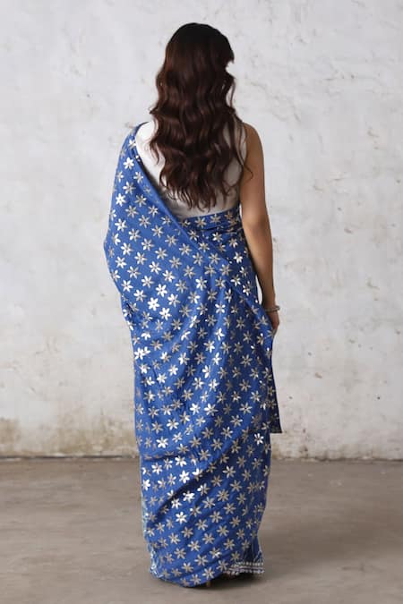 Saksham & Neharicka_Blue Cotton, Silk Embroidery, Gota Patti Hand Bengal Saree _Online_at_Aza_Fashions