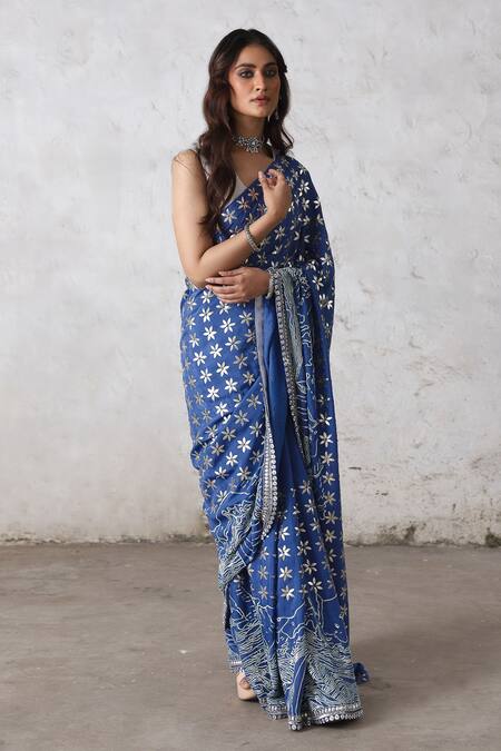 Buy_Saksham & Neharicka_Blue Cotton, Silk Embroidery, Gota Patti Hand Bengal Saree _Online_at_Aza_Fashions