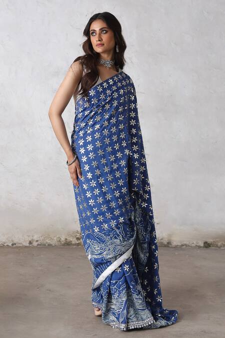 Shop_Saksham & Neharicka_Blue Cotton, Silk Embroidery, Gota Patti Hand Bengal Saree _Online_at_Aza_Fashions
