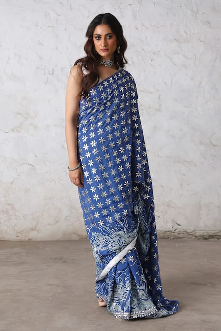 Saksham & Neharicka_Blue Cotton, Silk Embroidery, Gota Patti Hand Bengal Saree _at_Aza_Fashions