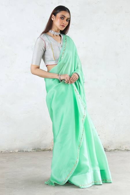 Buy_Saksham & Neharicka_Mint Silk Satin Gota Patti Green Organza Saree Set _Online_at_Aza_Fashions