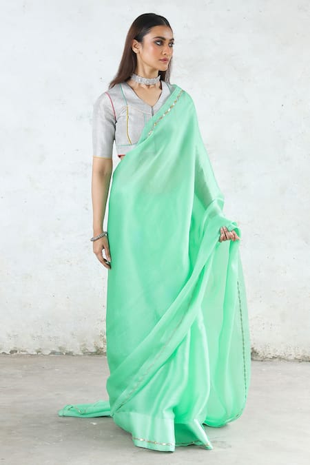 Shop_Saksham & Neharicka_Mint Silk Satin Gota Patti Green Organza Saree Set _Online_at_Aza_Fashions